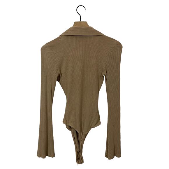 Lulu’s Head to Class Beige Ribbed Collared Long Sleeve Bodysuit - Small - Picture 3 of 16